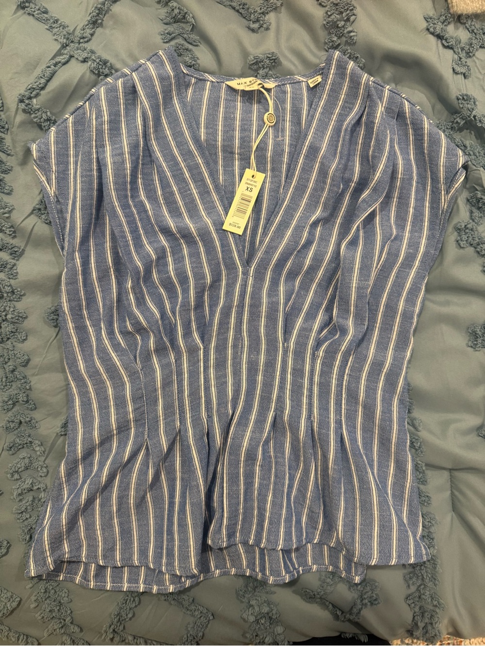 Max Studio Blue Striped V-Neck Women’s Top - Casual Summer Tee